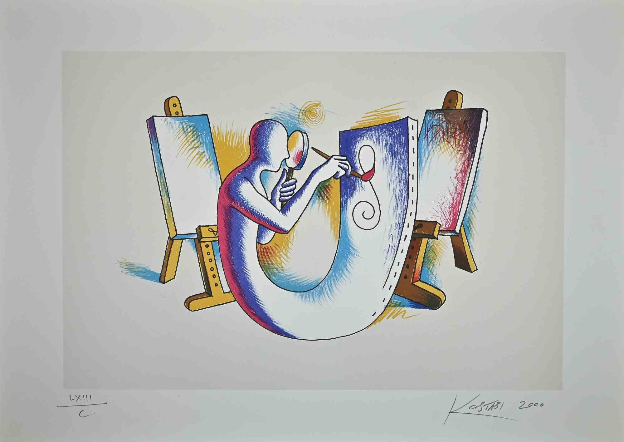Mark Kostabi Figurative Print - The Painter's Atelier - Original Lithograph by M. Kostabi - 2000