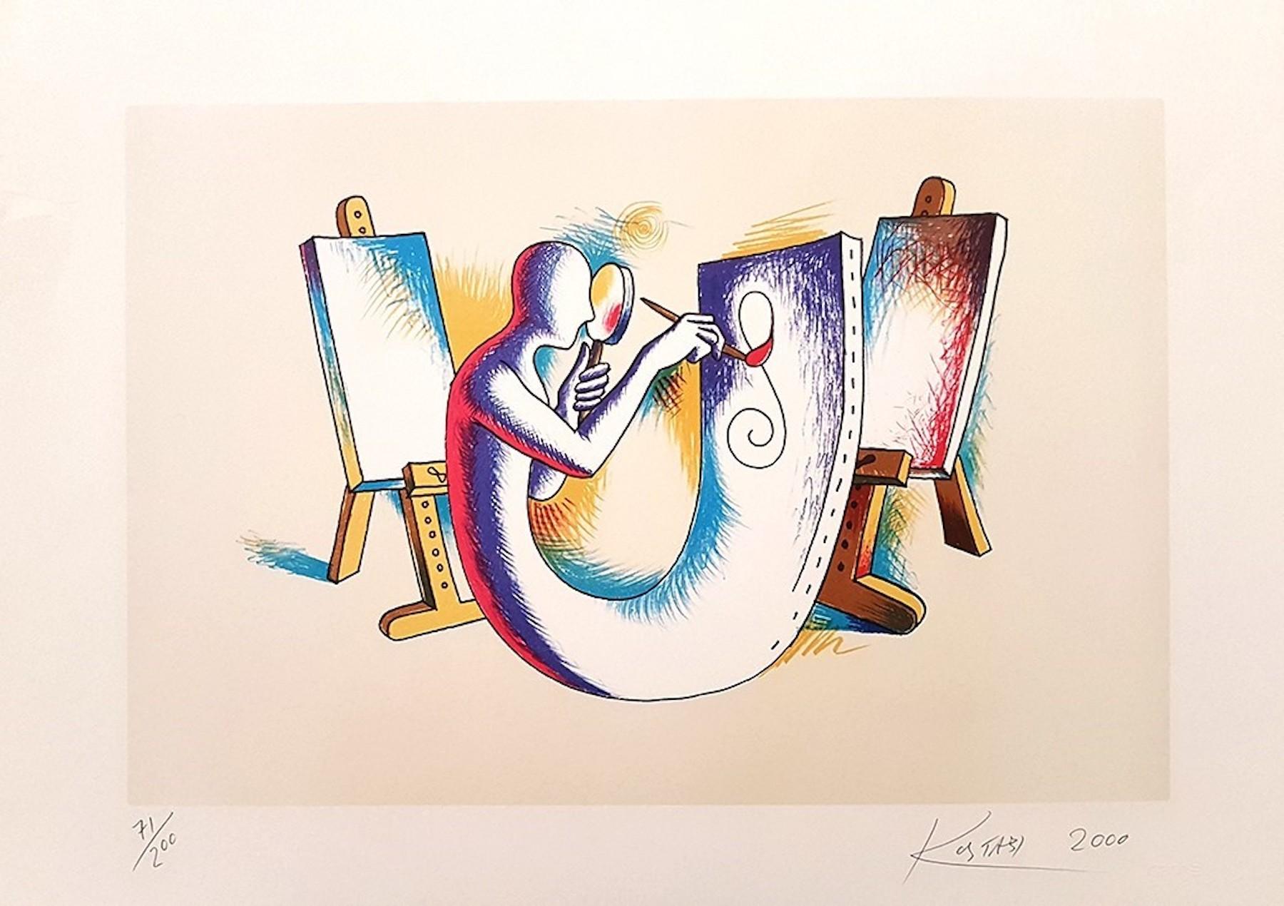 "The Painter's Atelier" is an original print realized by Mark Kostabi in 2000. The artwork is hand signed and dated. This is an edition of 200 prints.

Mark Kostabi (b. 1960) is an American artist. He studied drawing and painting at the California