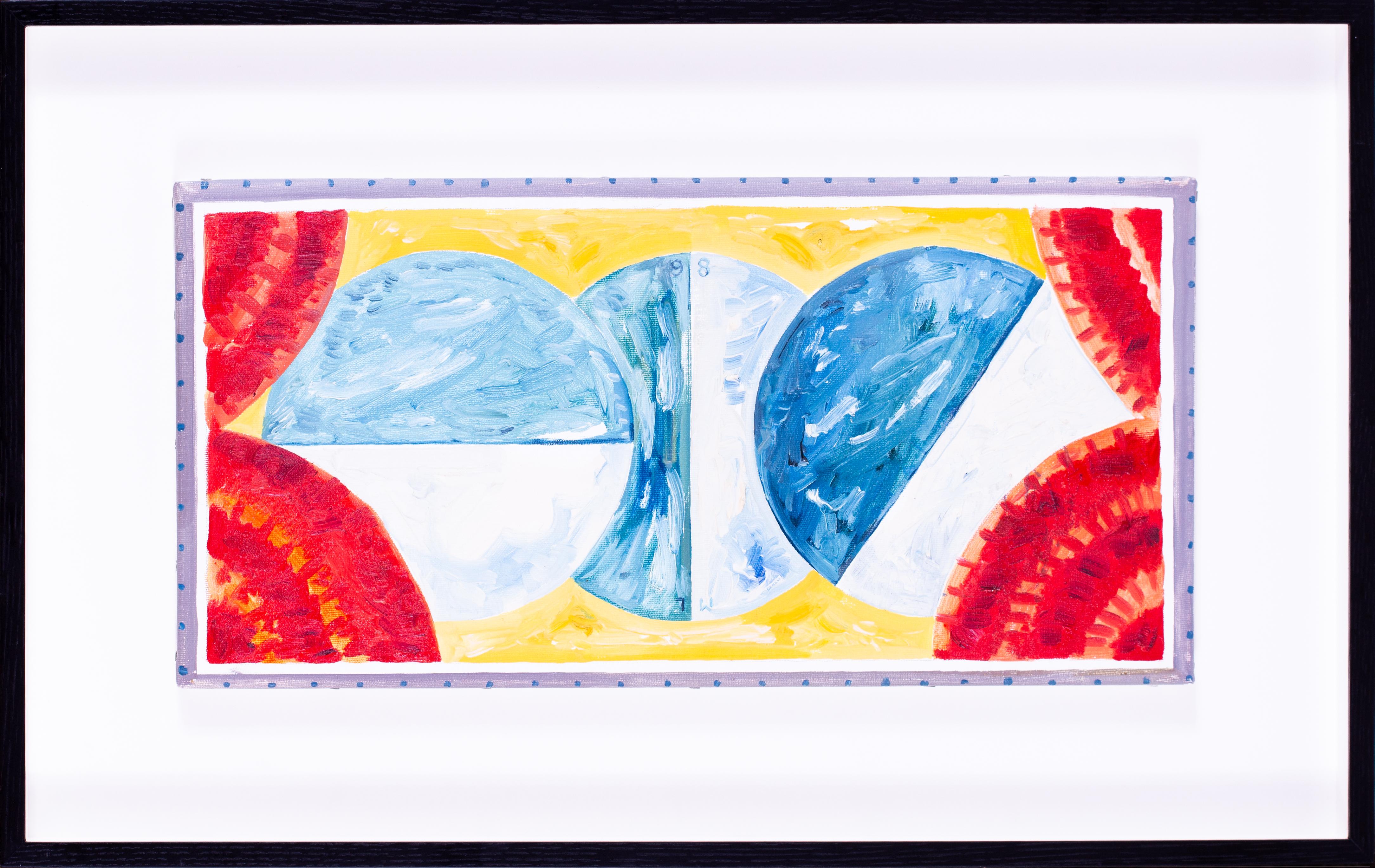 Circles (1986) est une huile sur toile raffinée et contemplative de Mark Lancaster (britannique, 1938-2021). Mesurant 9¾ x 20 pouces (24,8 x 50,5 cm), l'œuvre est signée du monogramme de l'artiste et datée " ML 86 " dans le cercle central. Cette