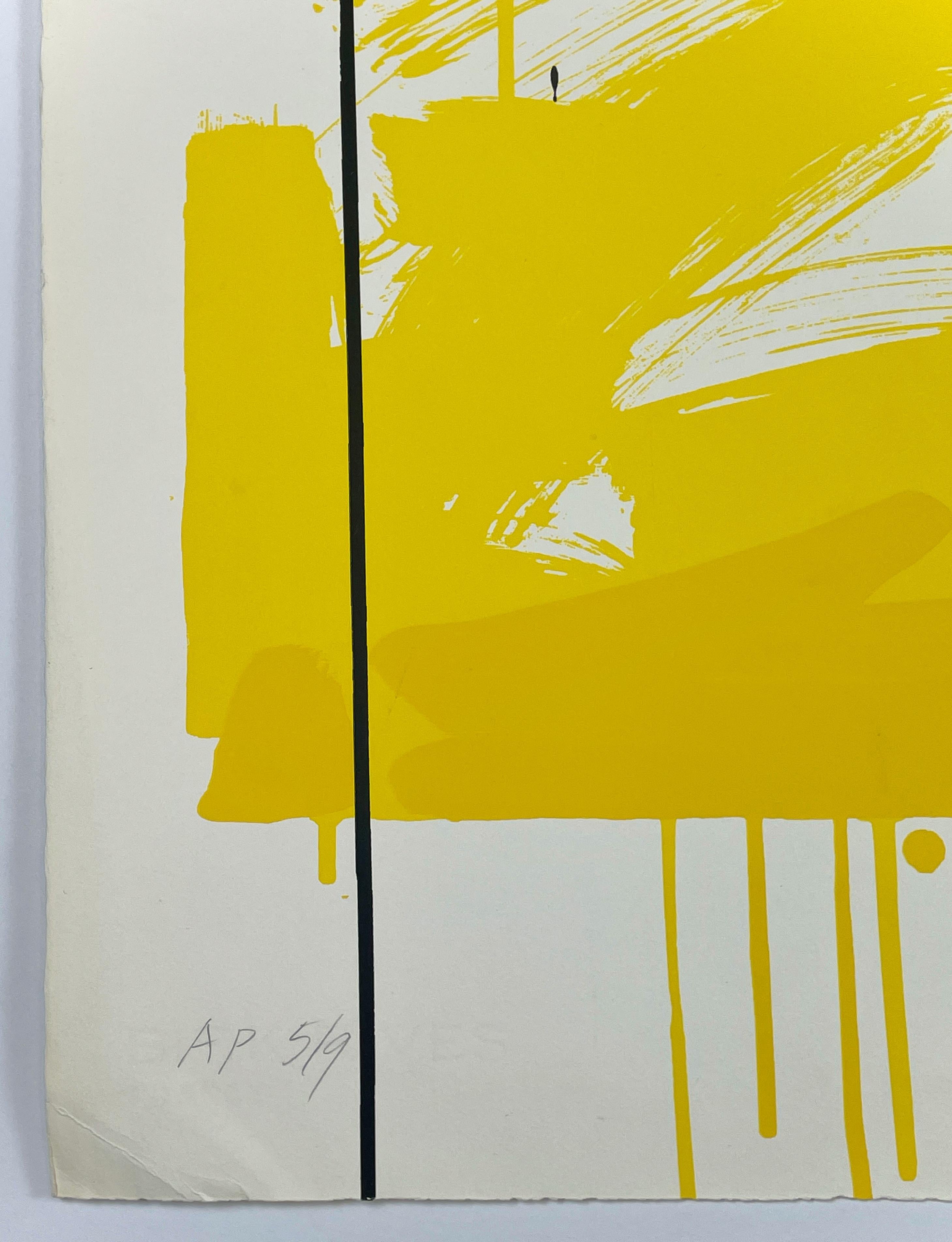 A dynamic neon-yellow and black Mark Lancaster screen print combining calligraphic paint strokes, paint drips, and smooth, graphic yellow gradients characteristic of the artist's most well known works such as Cambridge Green (1968). Mark Lancaster