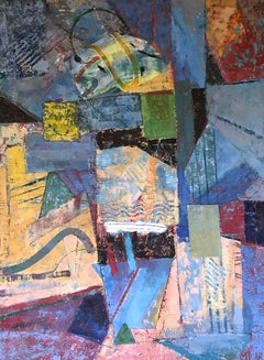 Contemporary Abstract Bright Colors Encaustic Painting Blue Red Yellow Framed