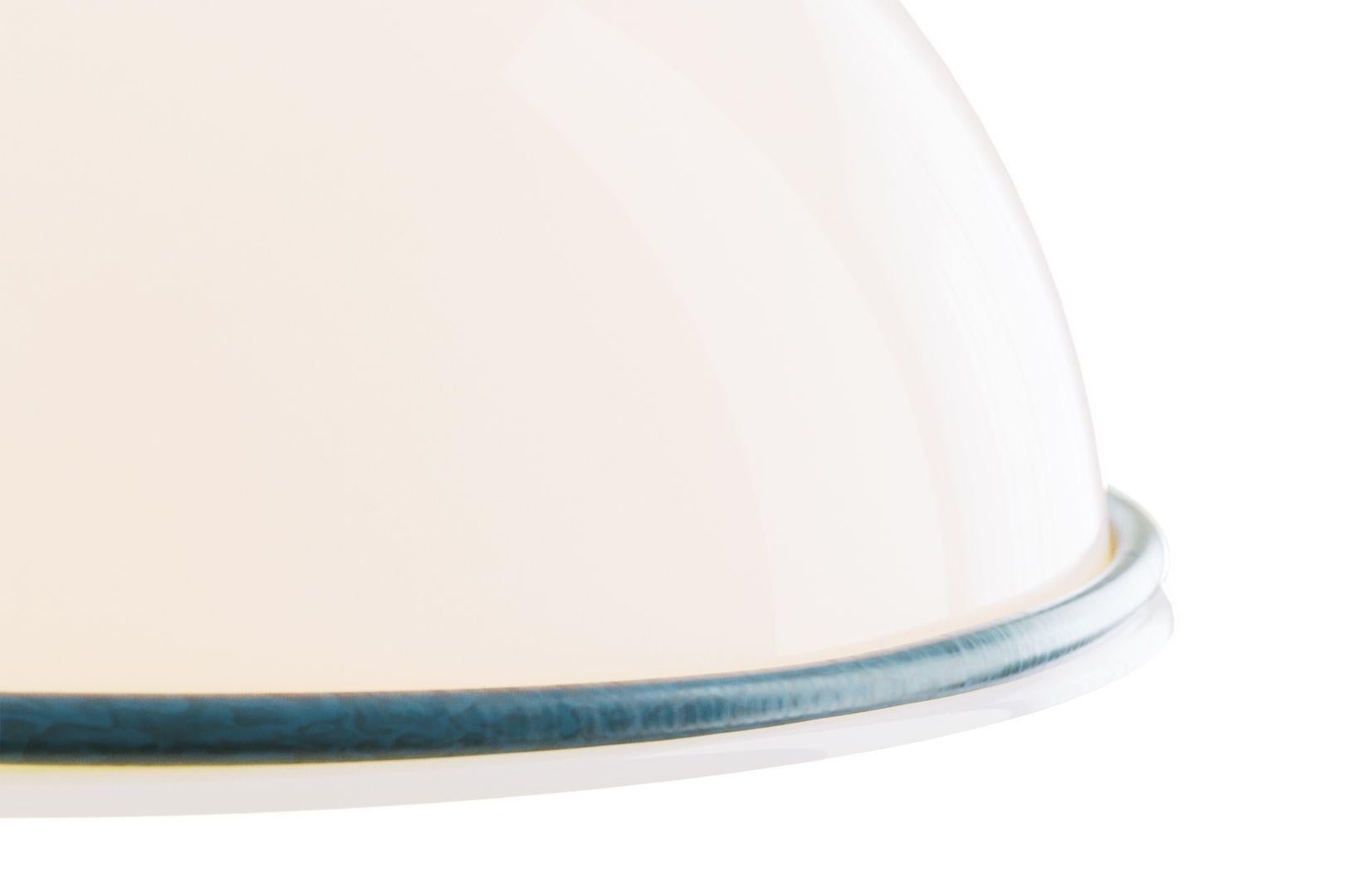 A Venetian, mouth-blown glass suspension lamp accented with vibrant colours providing a diffused light. Produced by traditional Murano glass-blowing techniques, the opal glass shade features colourful glass rings carefully applied by hand during the