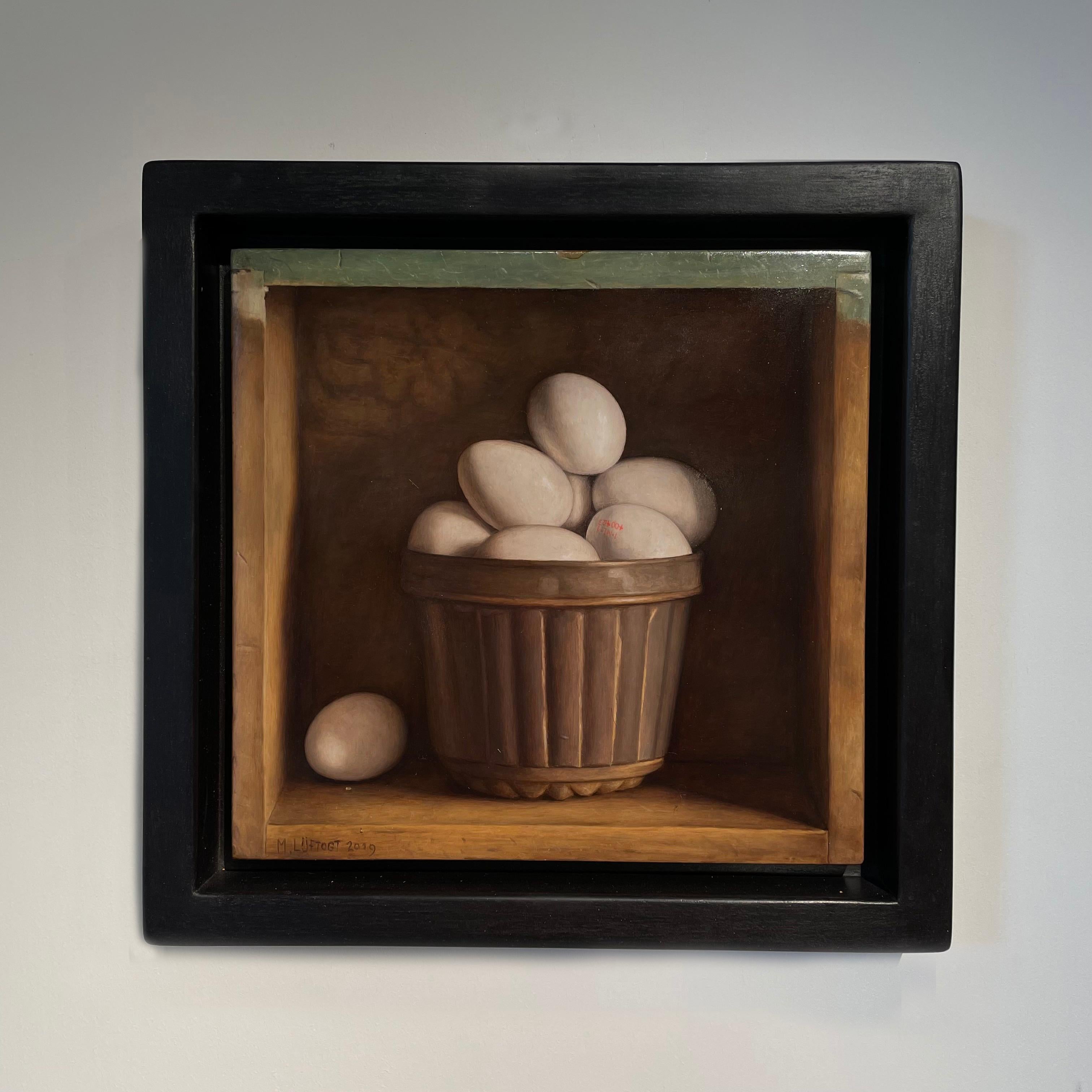 'Cake Mould with Eggs' Still Life realist painting in a wooden cabinet, white - Painting by Mark Lijftogt