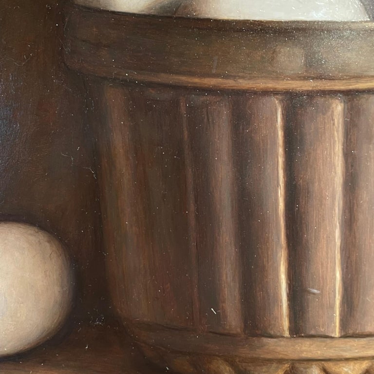 'Cake Mould with Eggs' Still Life realist painting in a wooden cabinet, white - Photorealist Painting by Mark Lijftogt