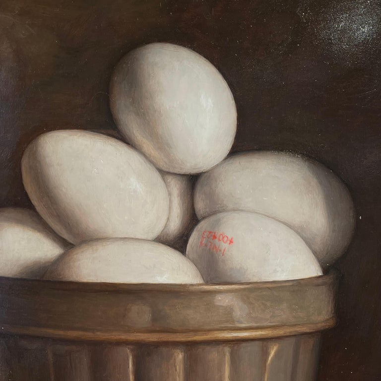 'Cake Mould with Eggs' Still Life realist painting in a wooden cabinet, white - Brown Still-Life Painting by Mark Lijftogt