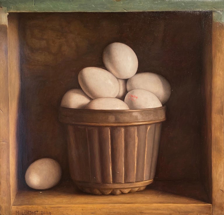 Mark Lijftogt Still-Life Painting - 'Cake Mould with Eggs' Still Life realist painting in a wooden cabinet, white