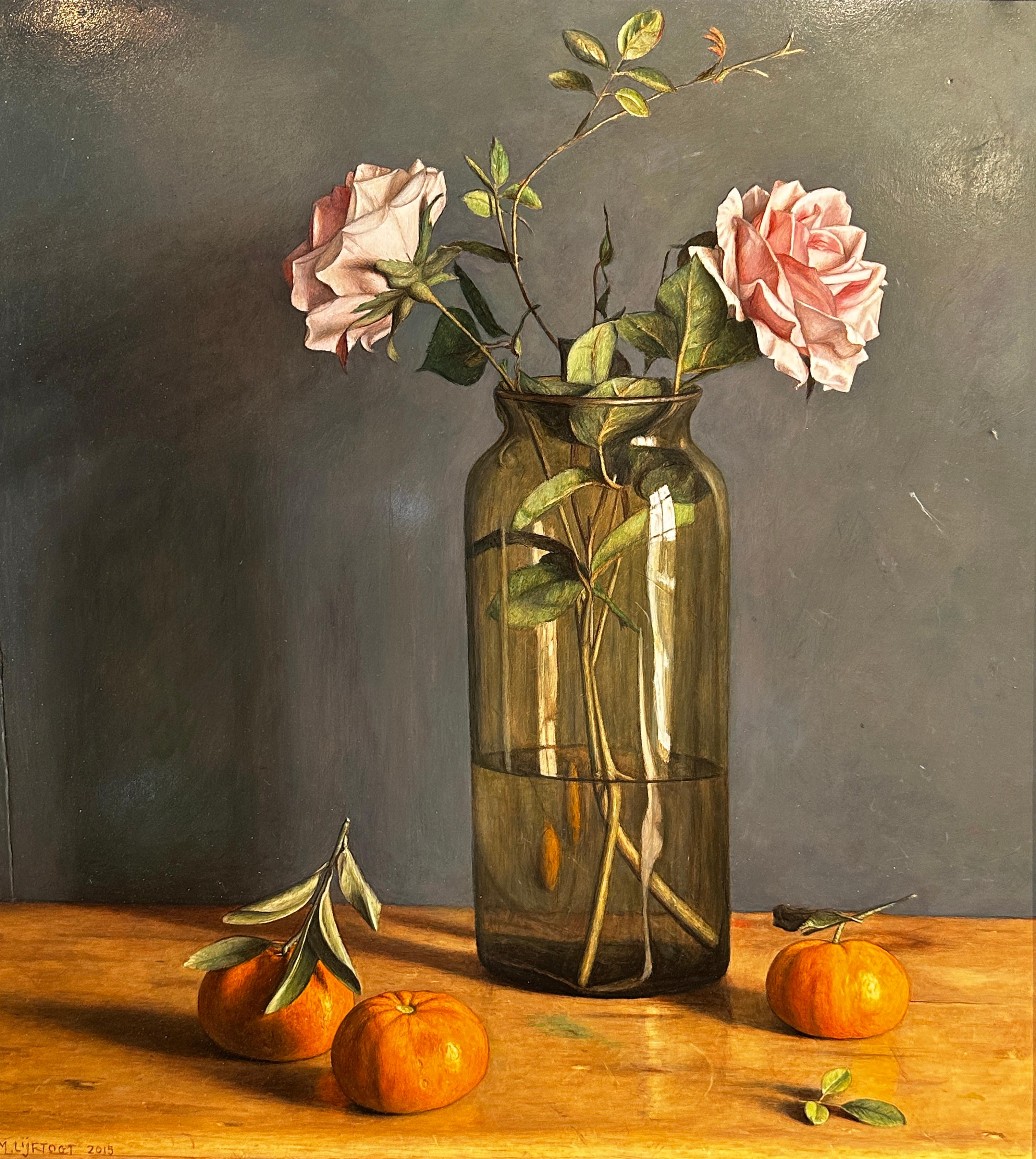 Clementine & Roses Still Life photorealist painting of vase, flowers and fruit - Painting by Mark Lijftogt