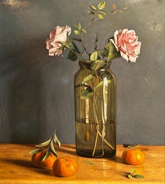 Clementine & Roses Still Life photorealist painting of vase, flowers and fruit