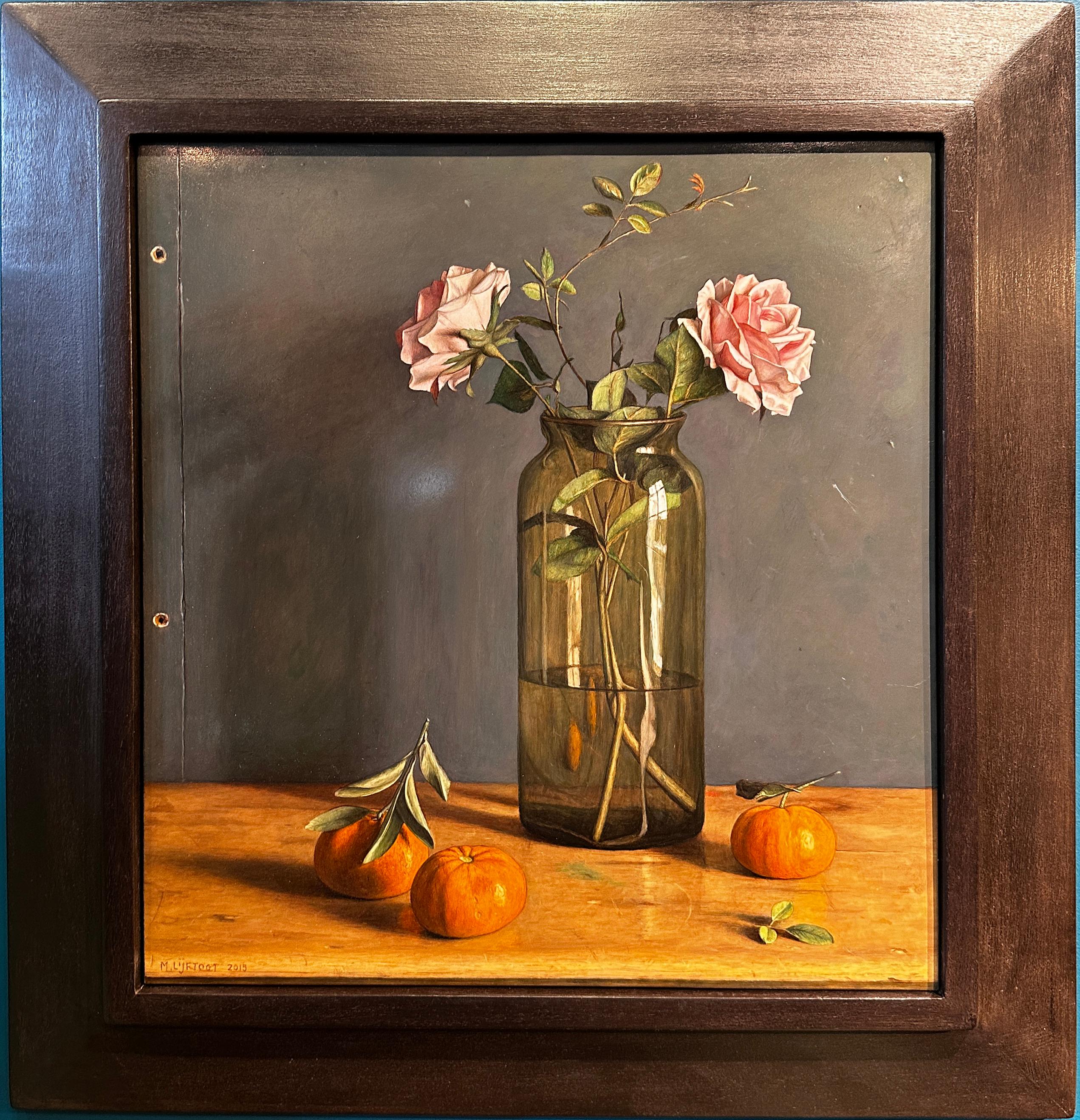 Mark Lijftogt Still-Life Painting - Clementine & Roses Still Life photorealist painting of vase, flowers and fruit