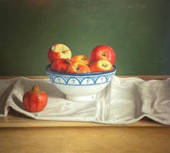 Contemporary Still Life painting of fruit, Moroccan bowl, red, white, green