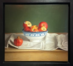 Contemporary Still Life painting of fruit, Moroccan bowl, red, white, green