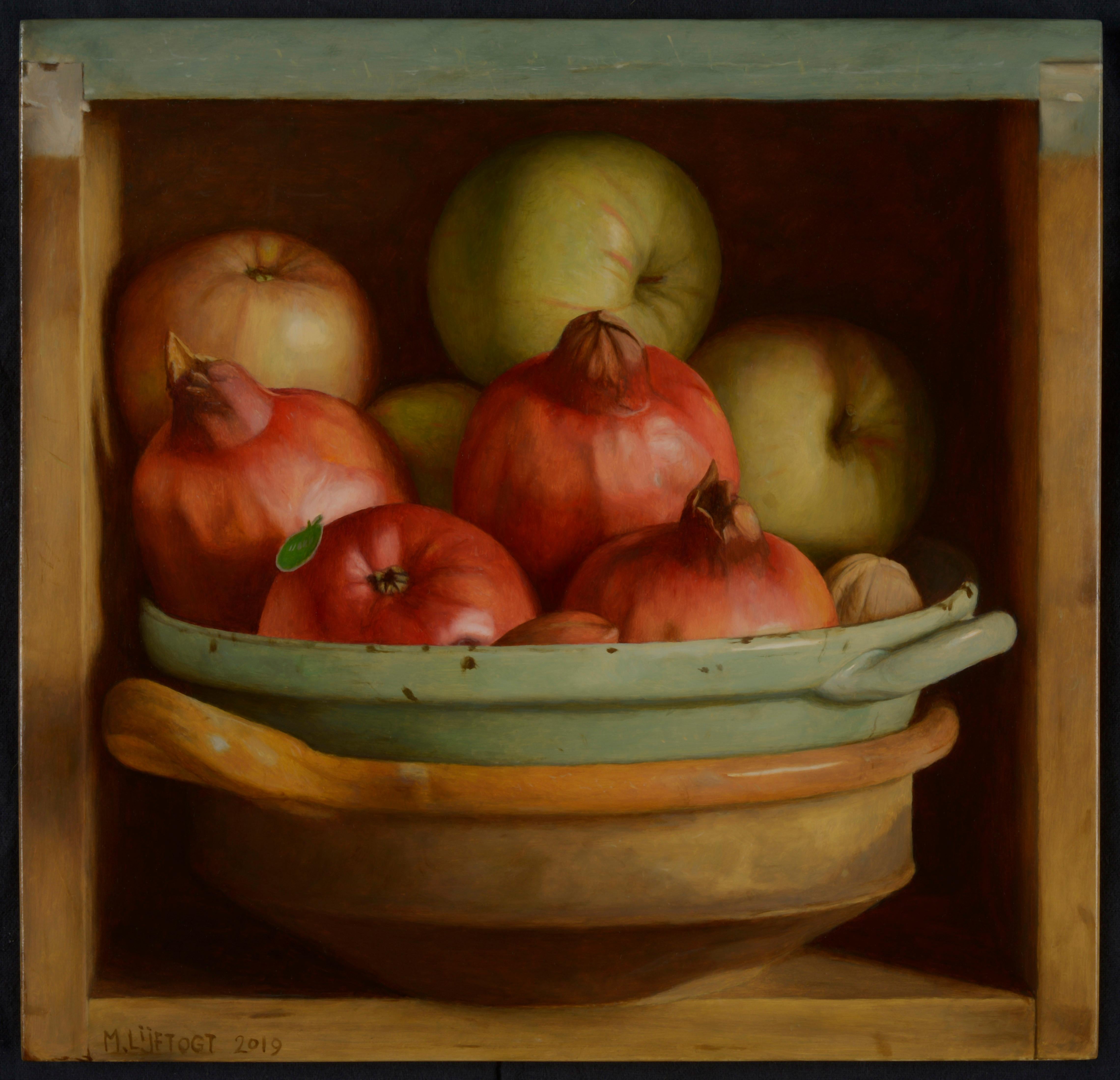 'Pomegranates & Apples' Contemporary Still Life painting of fruit, red & Green