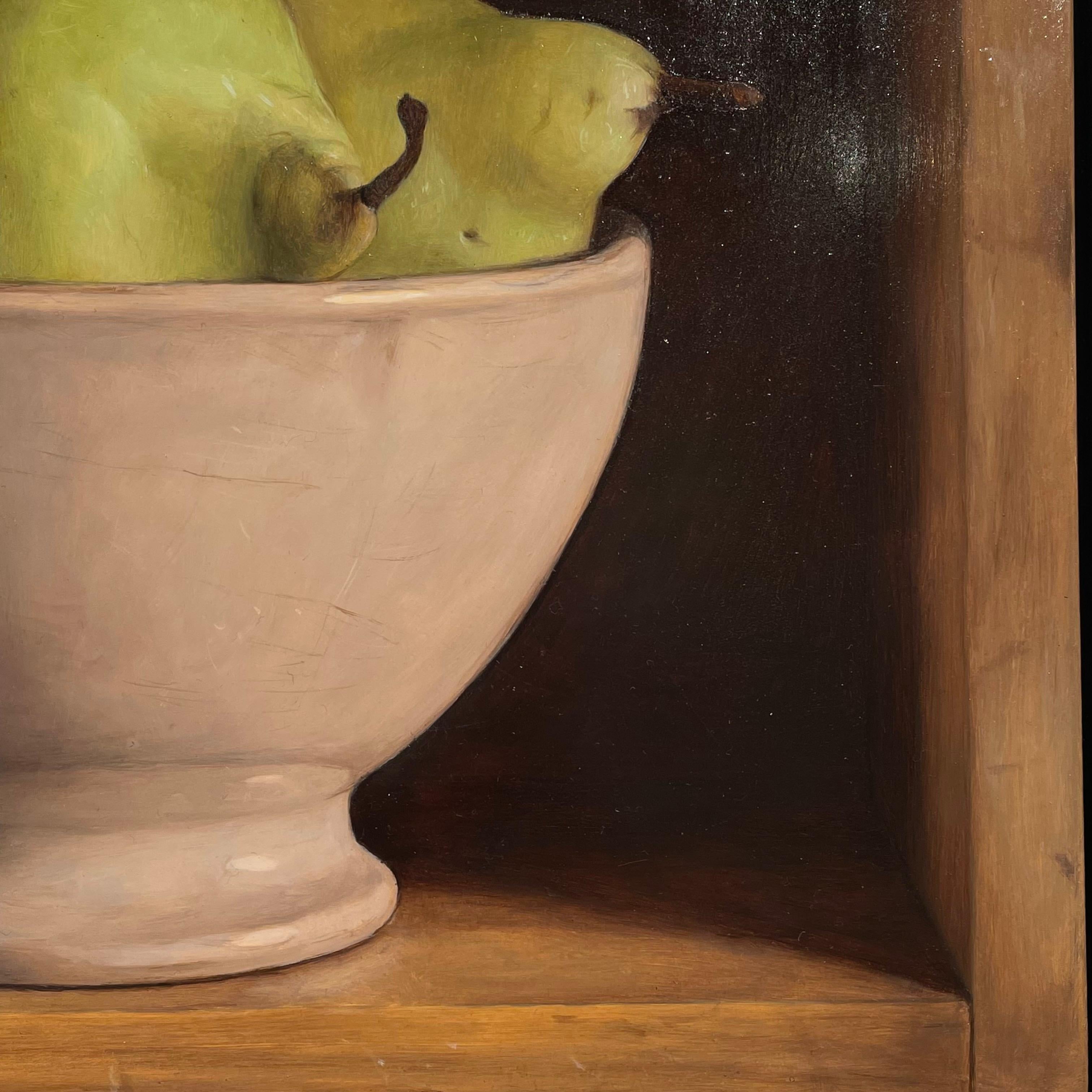'Red & Green Pear' Contemporary Still life painting of a Red Pear, fruit & bowl - Painting by Mark Lijftogt
