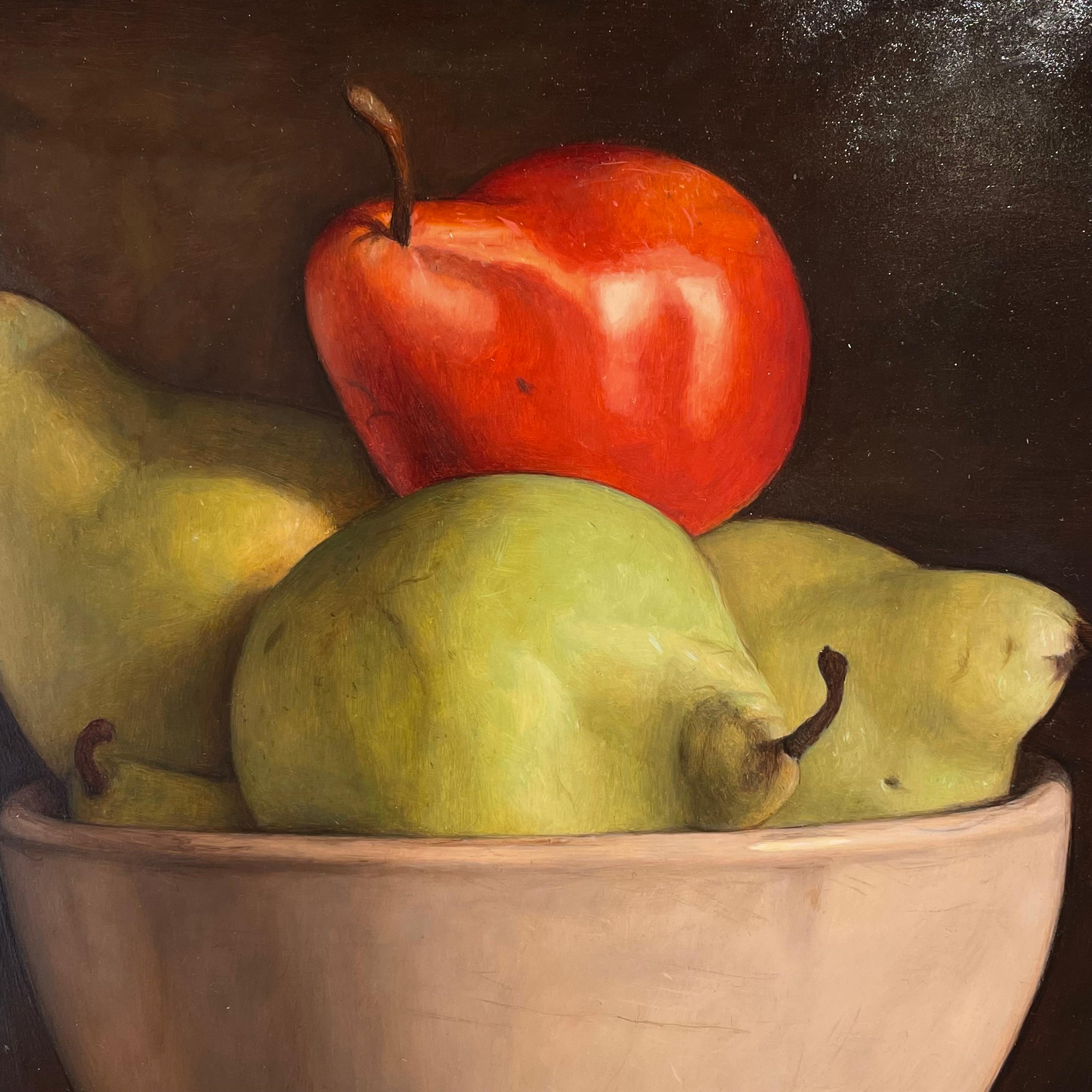 'Red & Green Pear' Contemporary Still life painting of a Red Pear, fruit & bowl - Gray Still-Life Painting by Mark Lijftogt