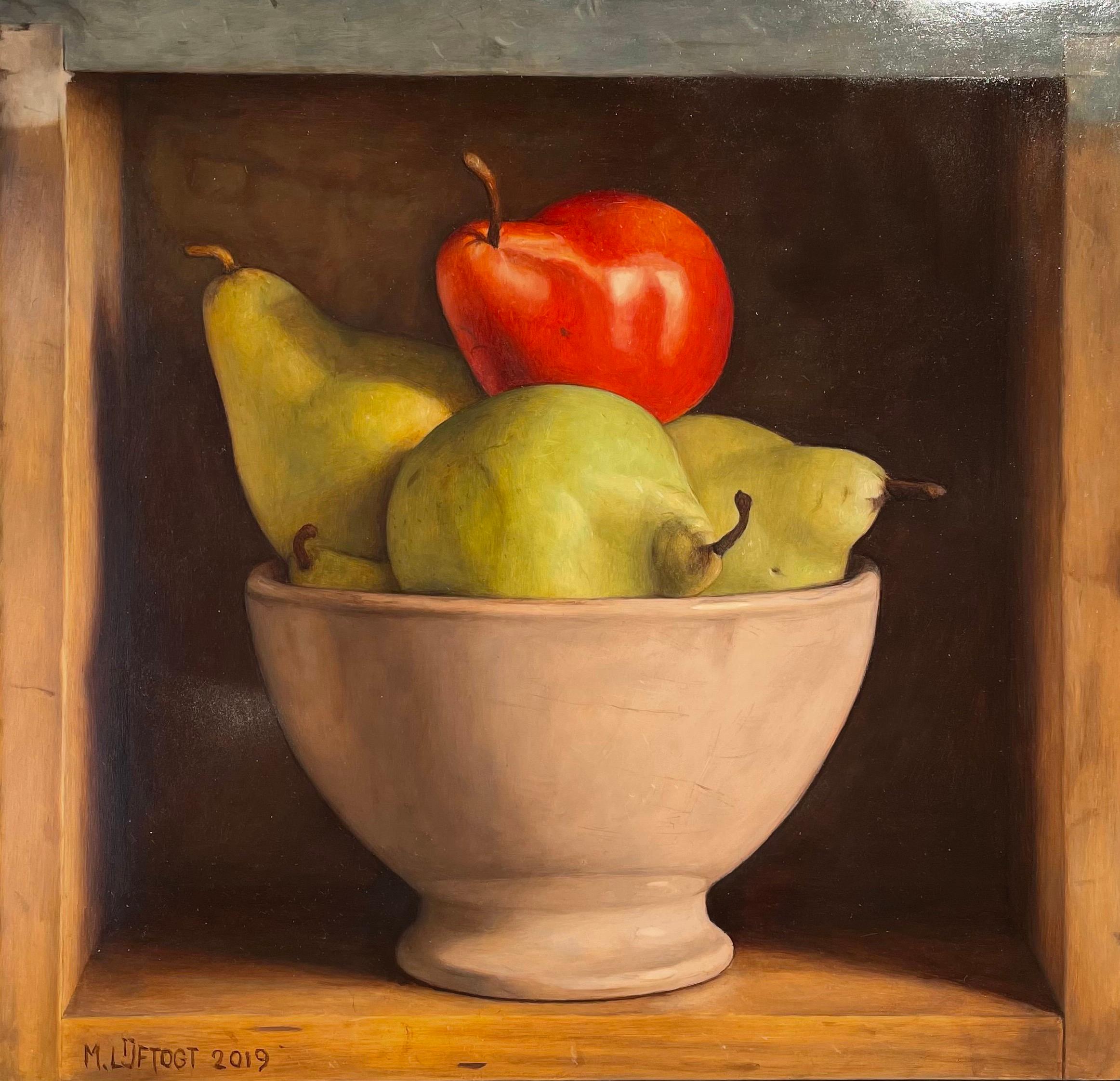 'Red & Green Pear' Contemporary Still life painting of a Red Pear, fruit & bowl 1