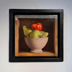 'Red & Green Pear' Contemporary Still life painting of a Red Pear, fruit & bowl