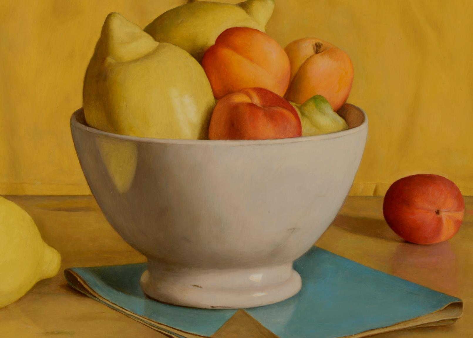 Vibrant & Vivid Still life painting 'Yellow Napkin' with lemons, peaches & Bowl - Painting by Mark Lijftogt