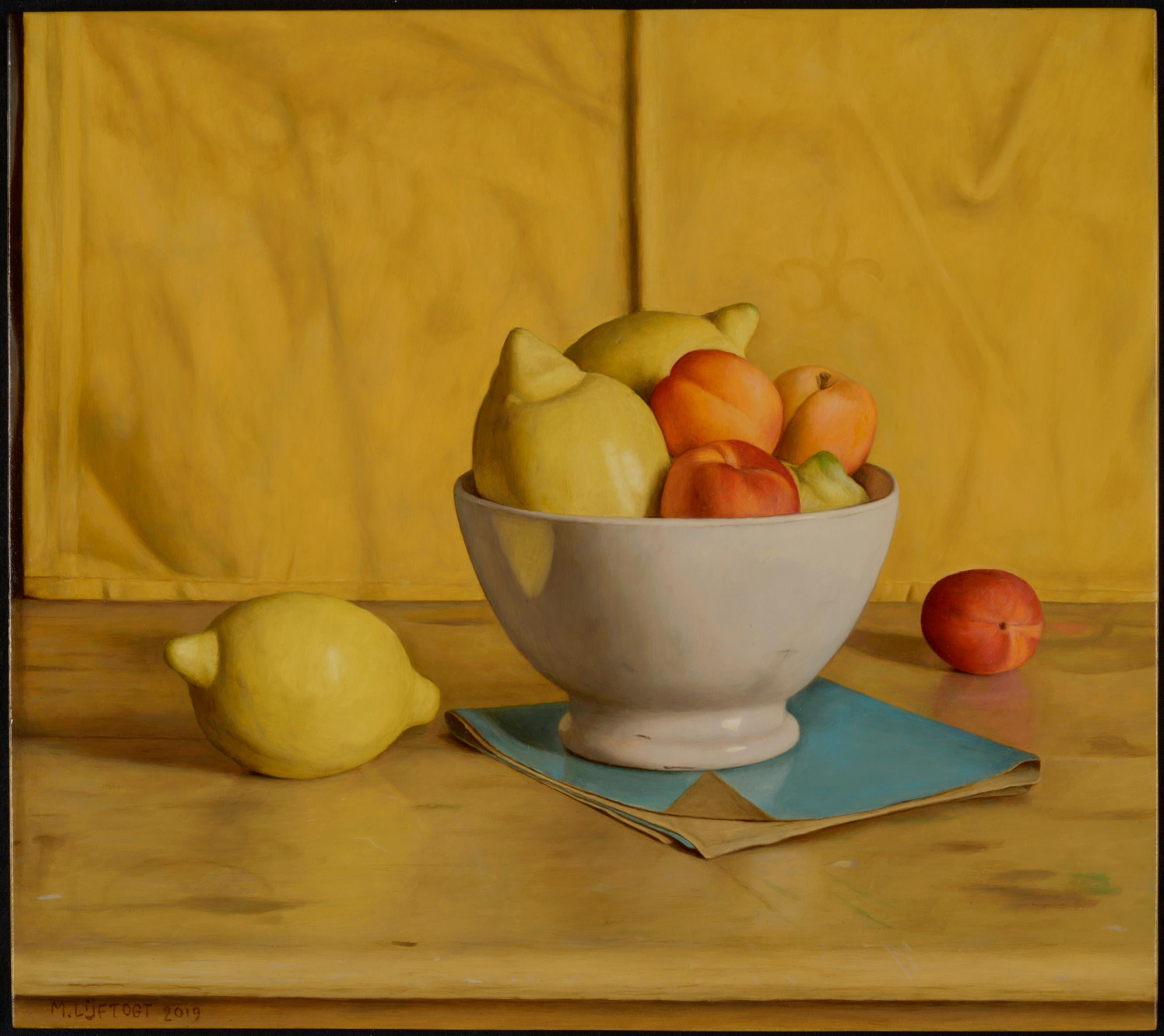 Vibrant & Vivid Still life painting 'Yellow Napkin' with lemons, peaches & Bowl