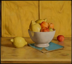 Vibrant & Vivid Still life painting 'Yellow Napkin' with lemons, peaches & Bowl