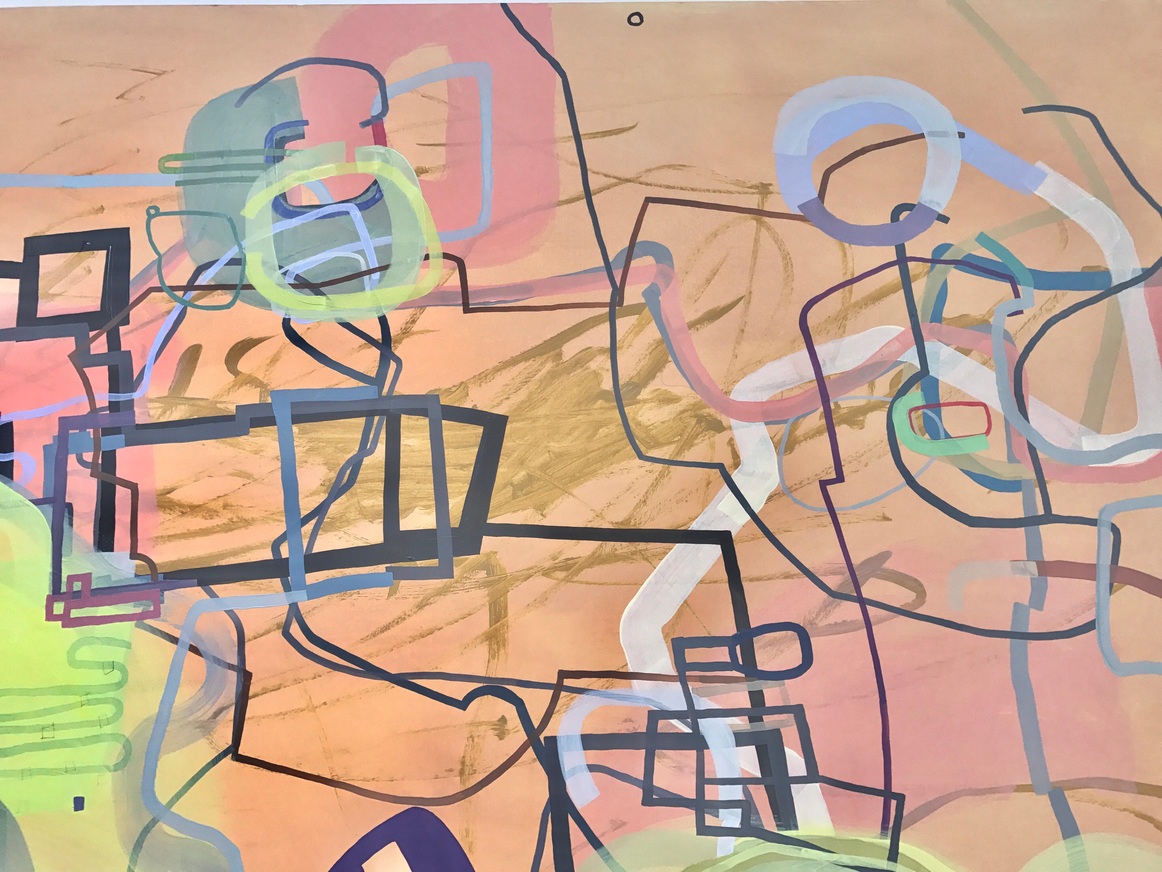 This large scale oil painting by Mark Masyga employs a linear abstract composition.  Masyga's masterful knowledge and background in color field painting shows a heightened sense and use of color in this painting. His sensitive use of a subdued