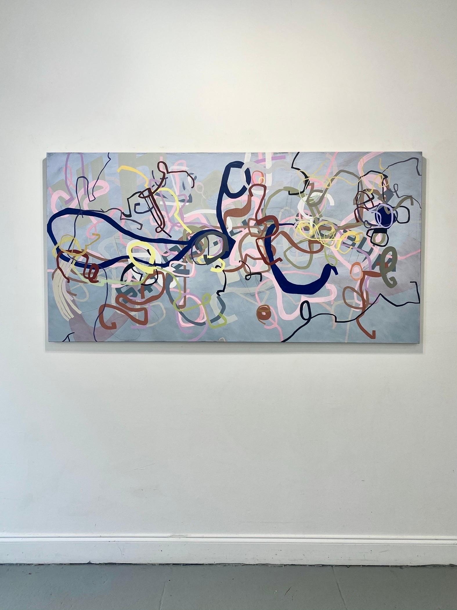 This large scale abstract oil painting contains a line based composition over a neutral blue -  grey ground, that appears sometimes blue, sometimes violet given the time of day and quality of light.  The artist uses beige and light washes to modify
