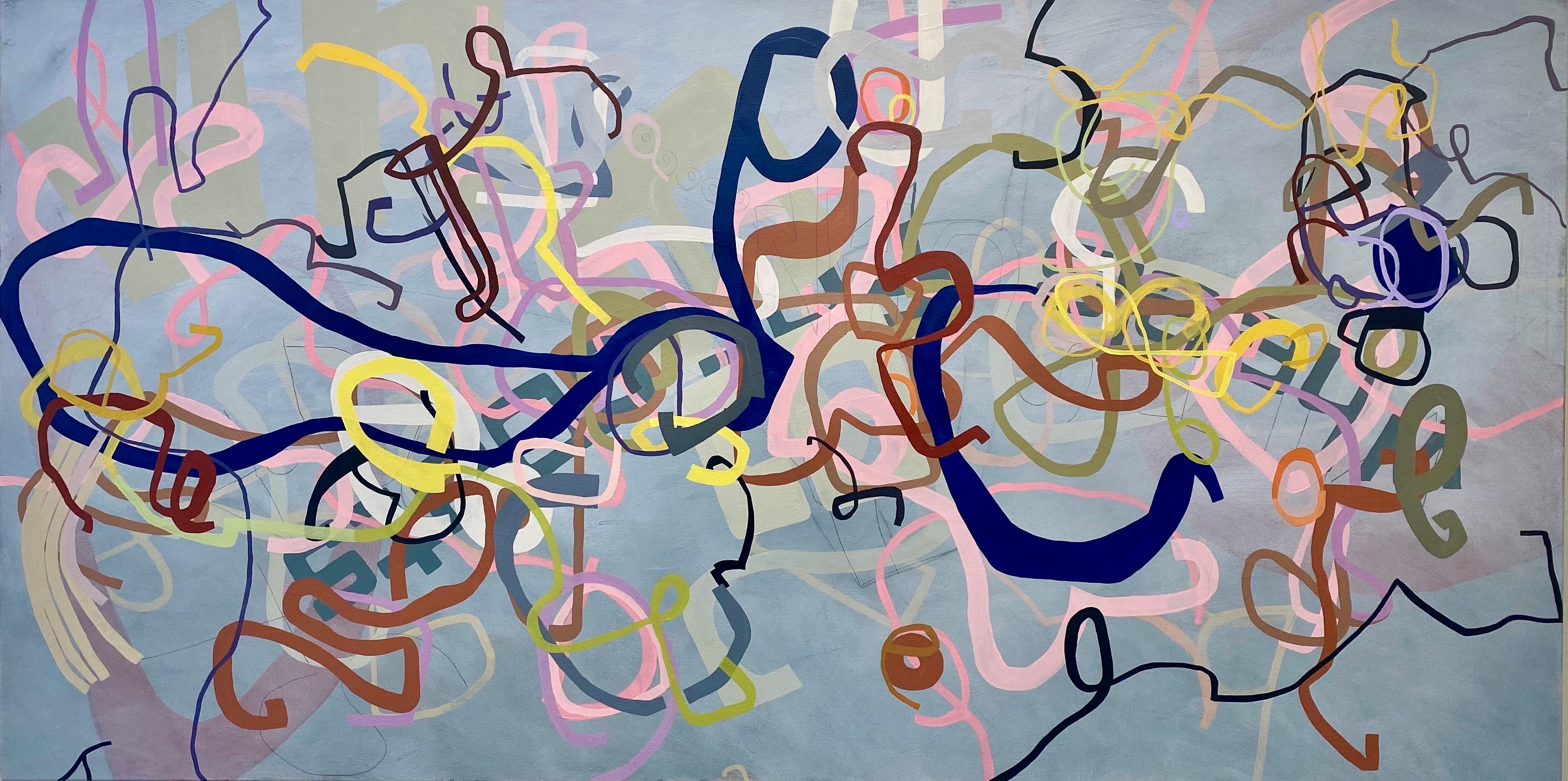 Mark Masyga, Quodlibet, peinture à l'huile abstraite à grande échelle sur fond gris neutre