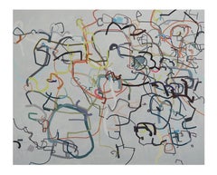 "Someday the Right Day" Pittura lineare astratta ad olio (fondo grigio blu)