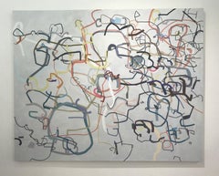 "Someday the Right Day" Linear Abstract oil Painting (blue grey neutral colors)