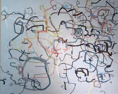 „Someday the Right Day“ lineares abstraktes Ölgemälde (blau-graues, neutrale Farben)