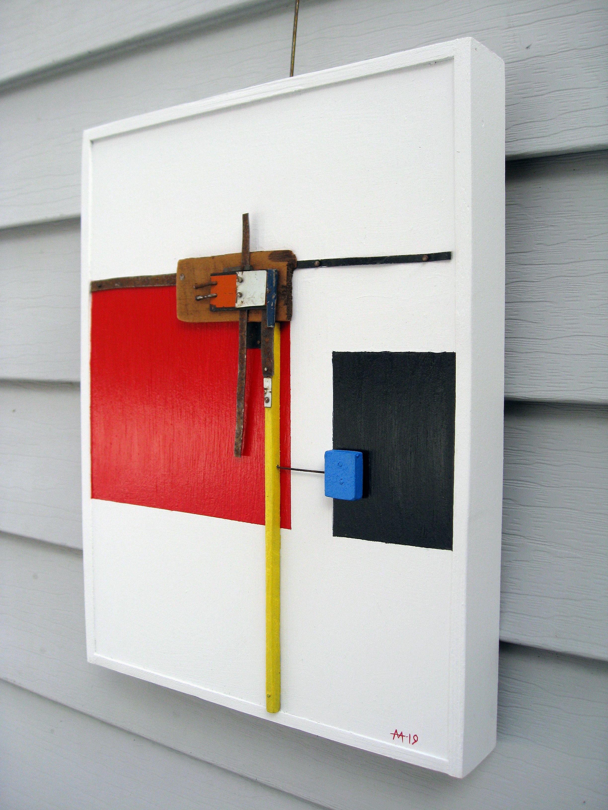Abstract mixed media piece created with oil and latex paint, wood and metal on plywood board.     12.5
