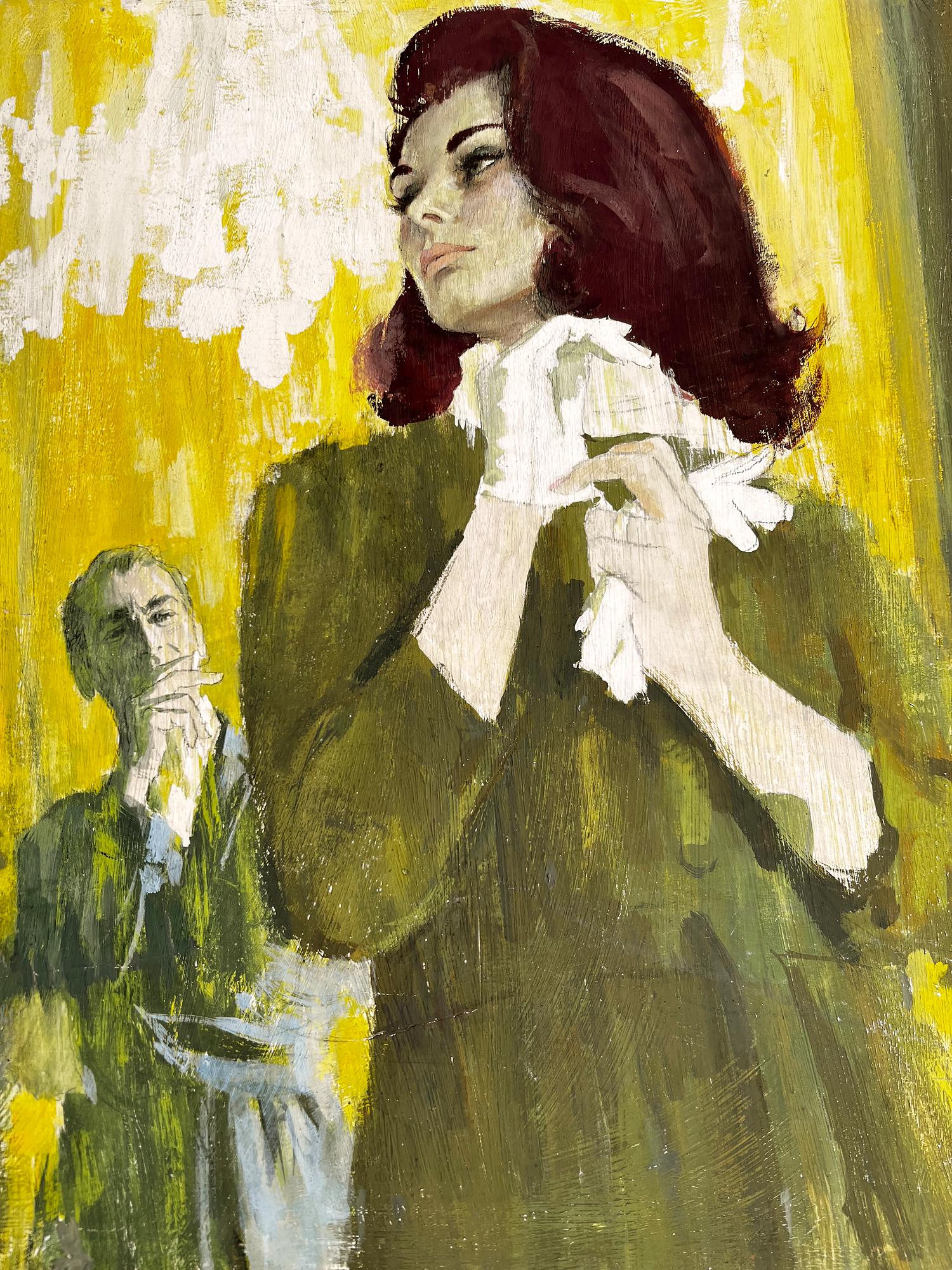 This impeccably rendered mid-century double portrait of a quarreling man and woman exhibits a supreme academic training knowledge lost in almost all contemporary art. It features an upward-looking close-up of a woman lost in thought while a man who