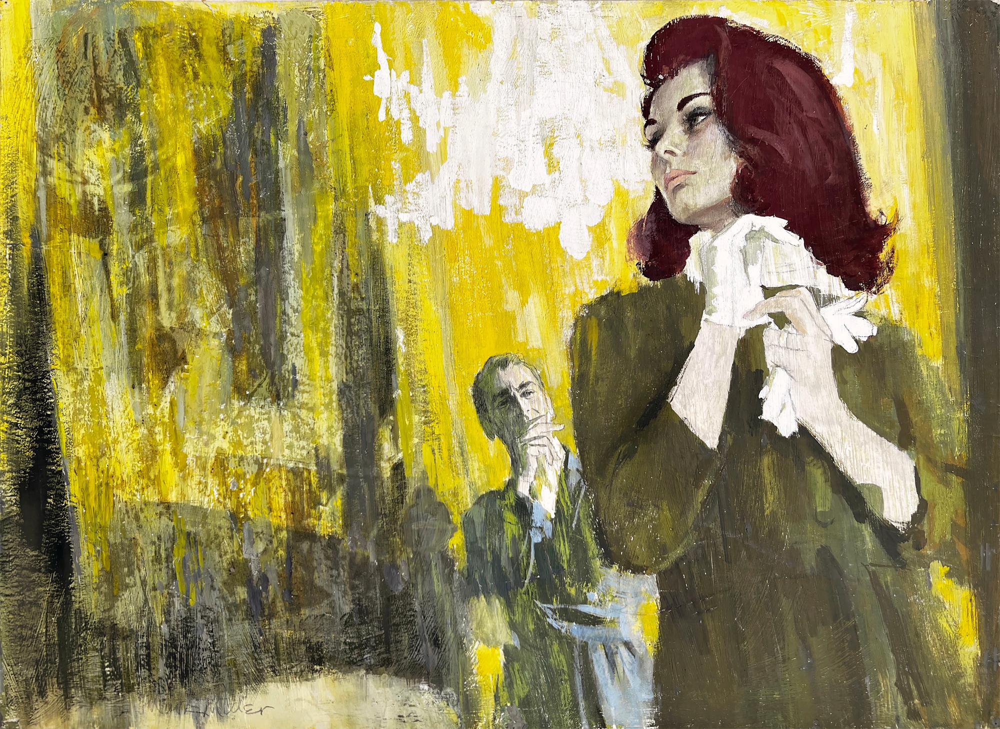 Figurative Painting Mark Miller - « Golden Age of Illustration Romance Story, Man Woman Relationship - Green Yellow