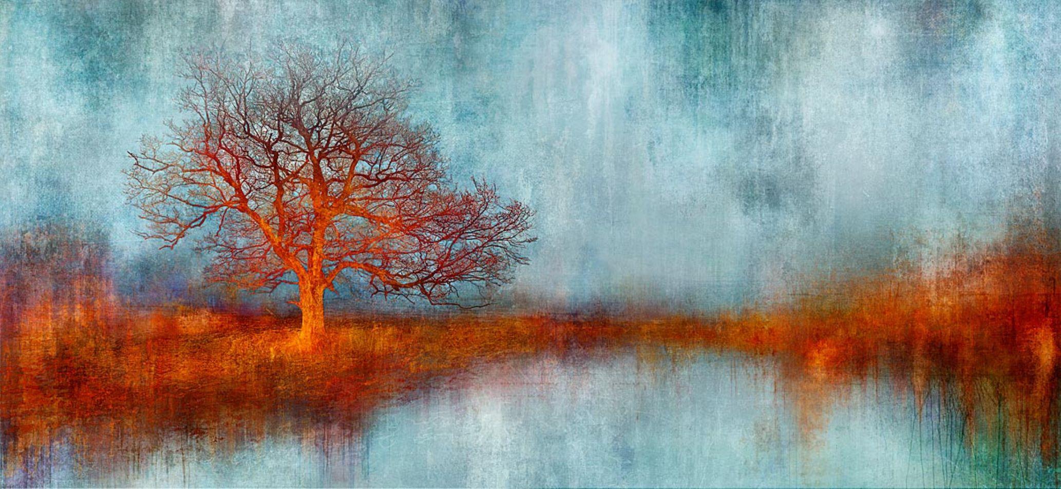 Ablaze with Blue - Colorido, Brillante, Atmosférico, Árbol, Naturaleza, Arte Digital