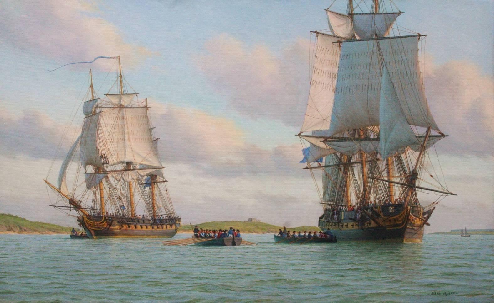 Mark Myers Landscape Painting - H.M. Ships Cossack and Comet Landing Troops at Santander, June 23, 1808