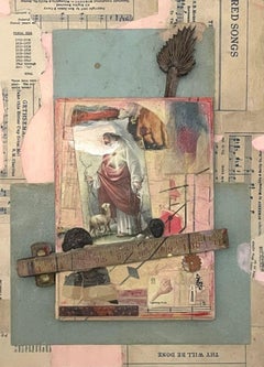"Broken Promise" wood panel; found object; religious; mixed media