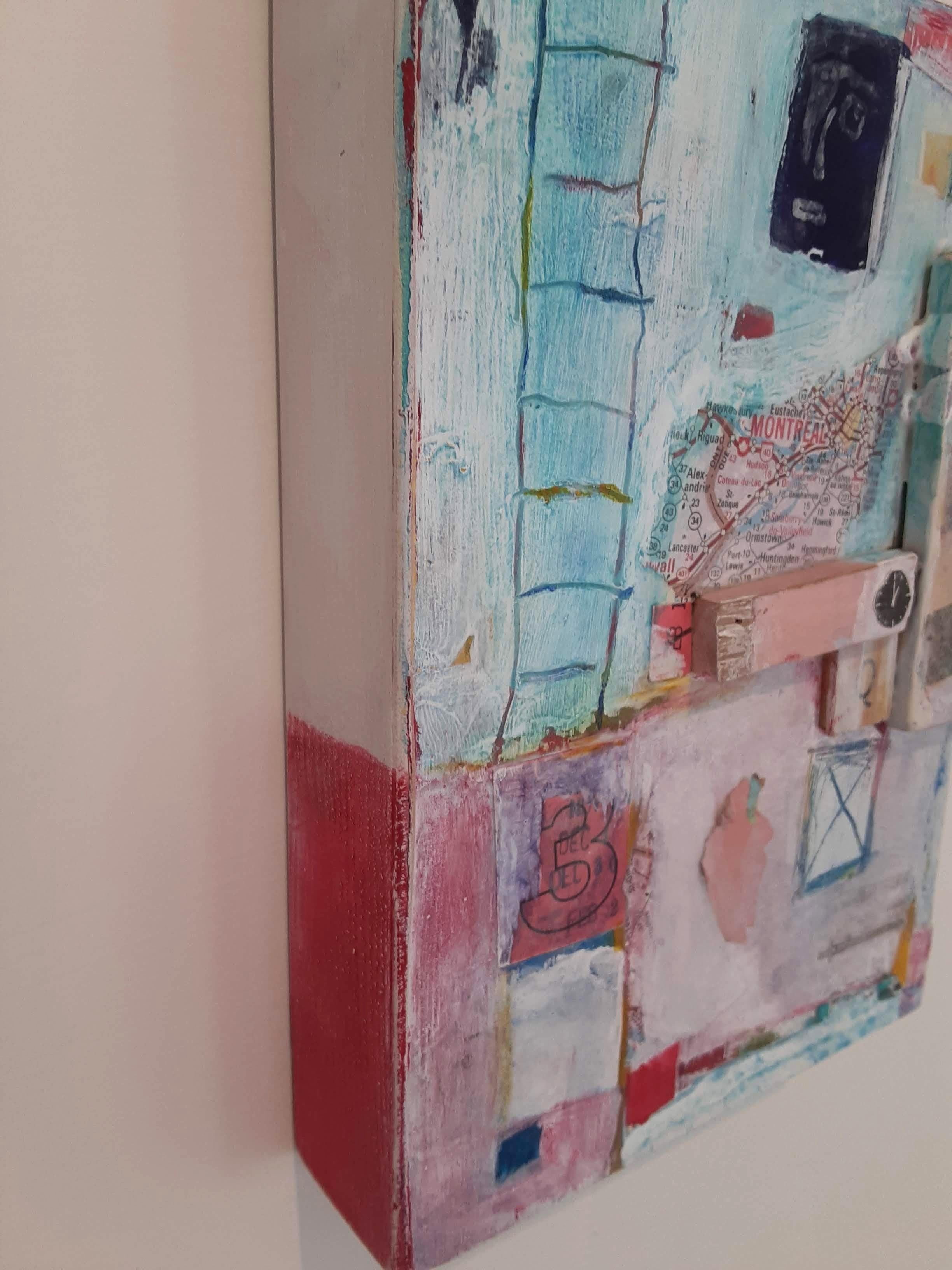Found objects and materials inspired this piece after spending a week exploring and creating in Montreal's Village District. The intense movement ,colors, architecture and activity in 