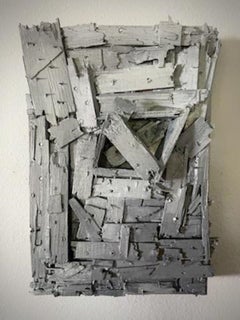 "Construction VII" grey; monochromatic; mixed media; sculpture; wood