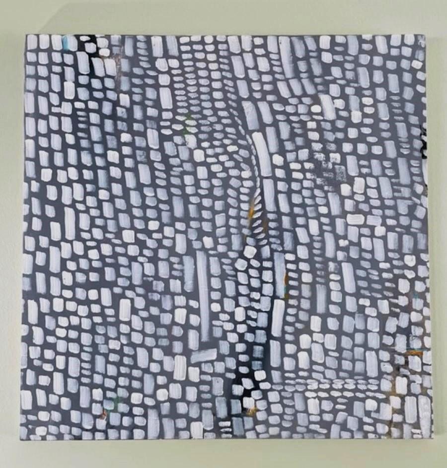 "Lurk" grey monochromatic; square; abstract; white