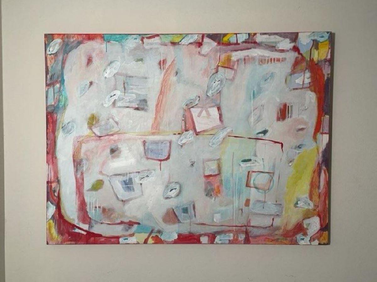 Mark Palmer Abstract Painting - "My Happy Place"  Acrylic; mixed media; red; yellow; white; movement; playful; X