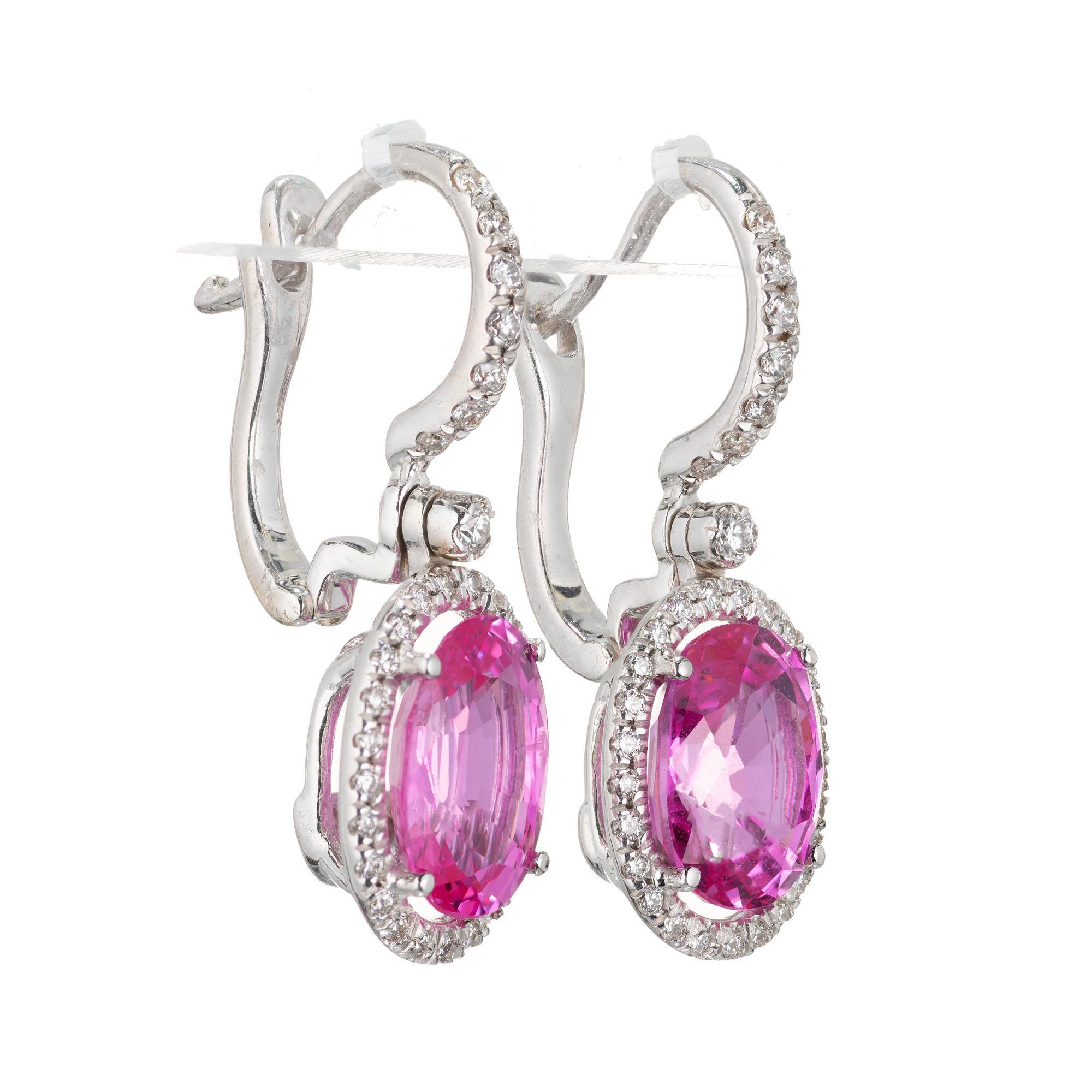 Mark Patterson 3.50 Carat Pink Sapphire Diamond Gold Halo Dangle Earrings In Excellent Condition For Sale In Stamford, CT