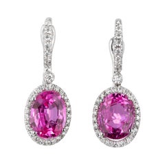 Vintage Mark Patterson 3.50 Carat Pink Sapphire Diamond Gold Halo Dangle Earrings