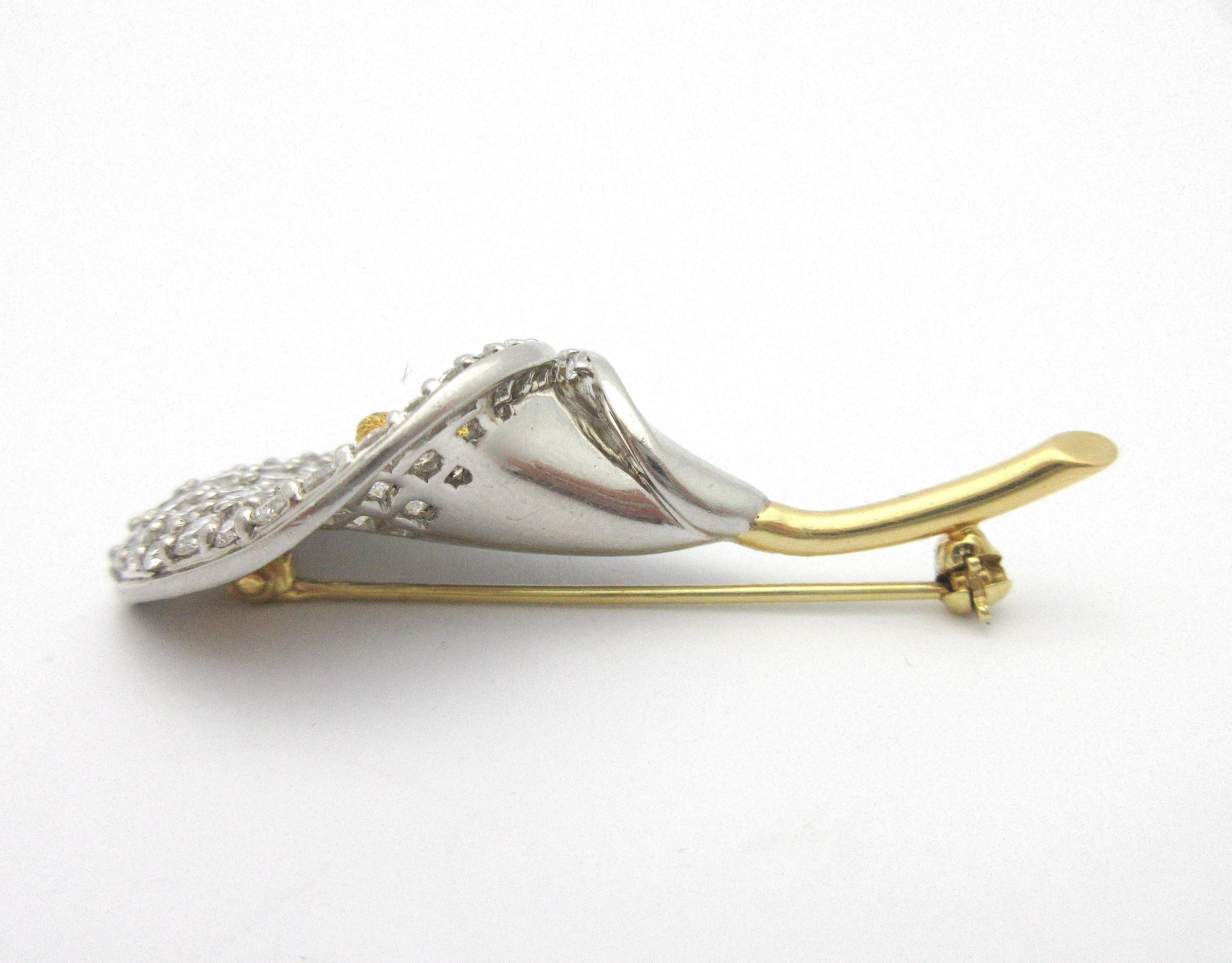 Mark Patterson Calla Lily Diamond Brooch 18 Karat and Platinum In Excellent Condition In Manchester, NH