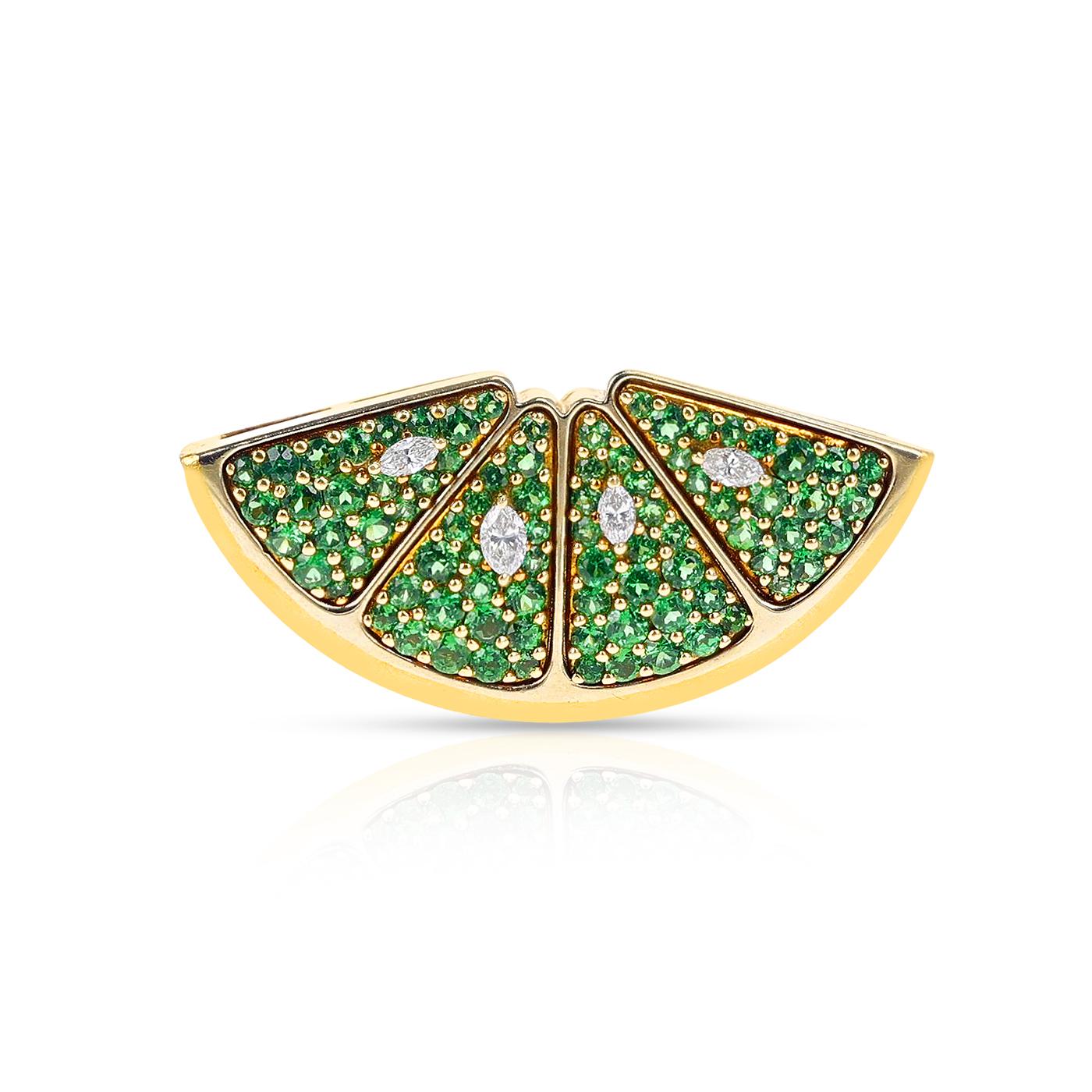 Crafted from 18k and 24k Yellow Gold, this Mark Patterson Tsavorite Garnet and Diamond Lime Wedge Brooch has appx. 0.25 carats of marquise diamonds, for a total weight of 18.38 grams.


SKU 1237-BTCJAYP