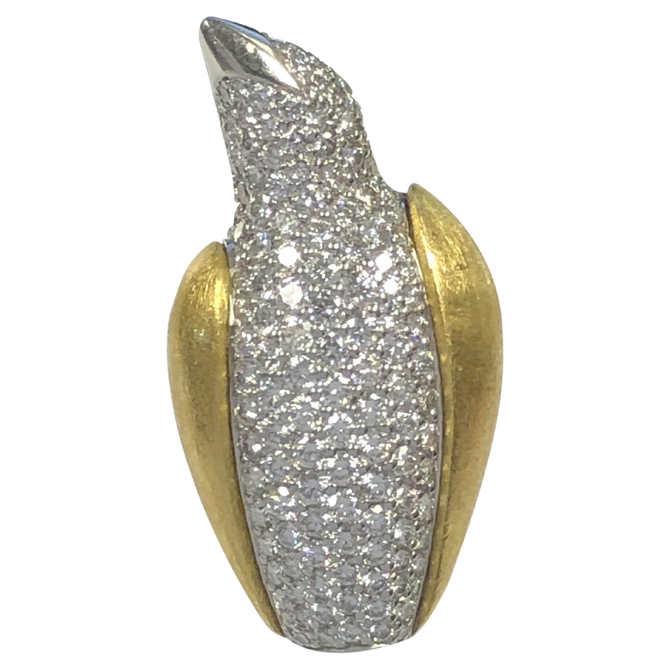 Mark Patterson Yellow Gold Platinum and Diamond Pave Penguin Brooch  For Sale