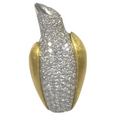 Mark Patterson Yellow Gold Platinum and Diamond Pave Penguin Brooch 