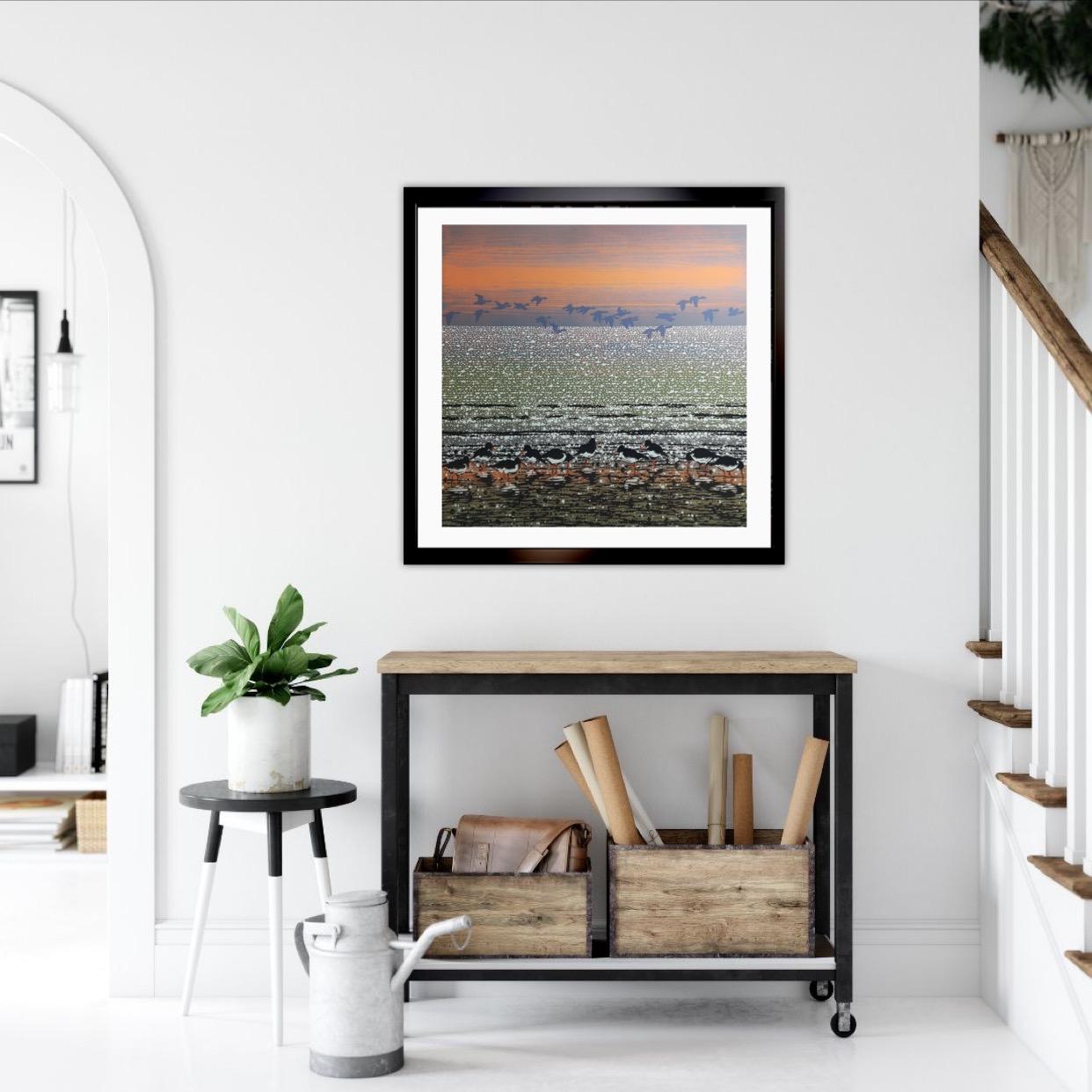 Oyster Catchers with Geese, Limited Edition Print, Seascape Art, Affordable Art - Gray Interior Print by Mark Pearce