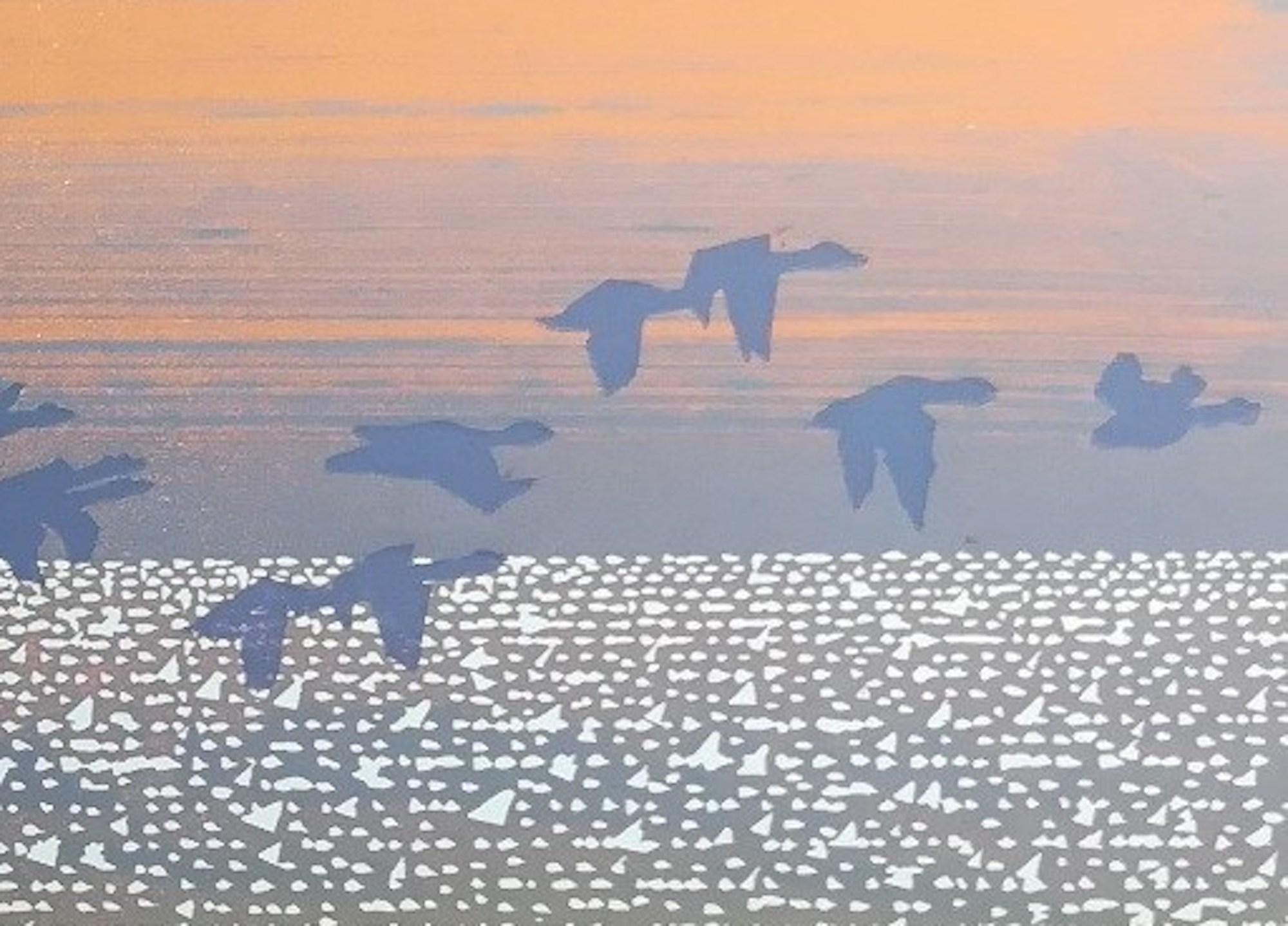 Acchiappa ostriche con oche, Stampa in edizione limitata, Arte del paesaggio marino, Arte a prezzi accessibili - Print Impressionismo di Mark Pearce