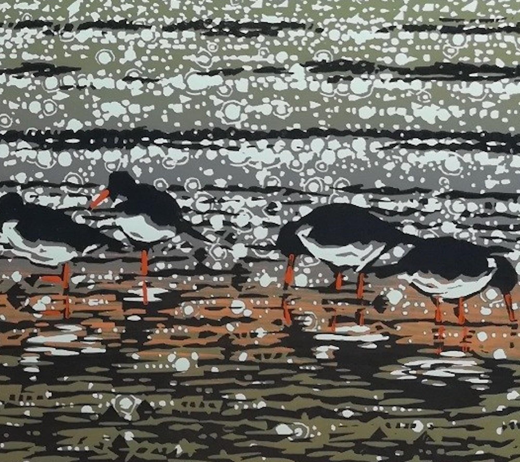 Acchiappa ostriche con oche, Stampa in edizione limitata, Arte del paesaggio marino, Arte a prezzi accessibili - Interior Print Grigio di Mark Pearce