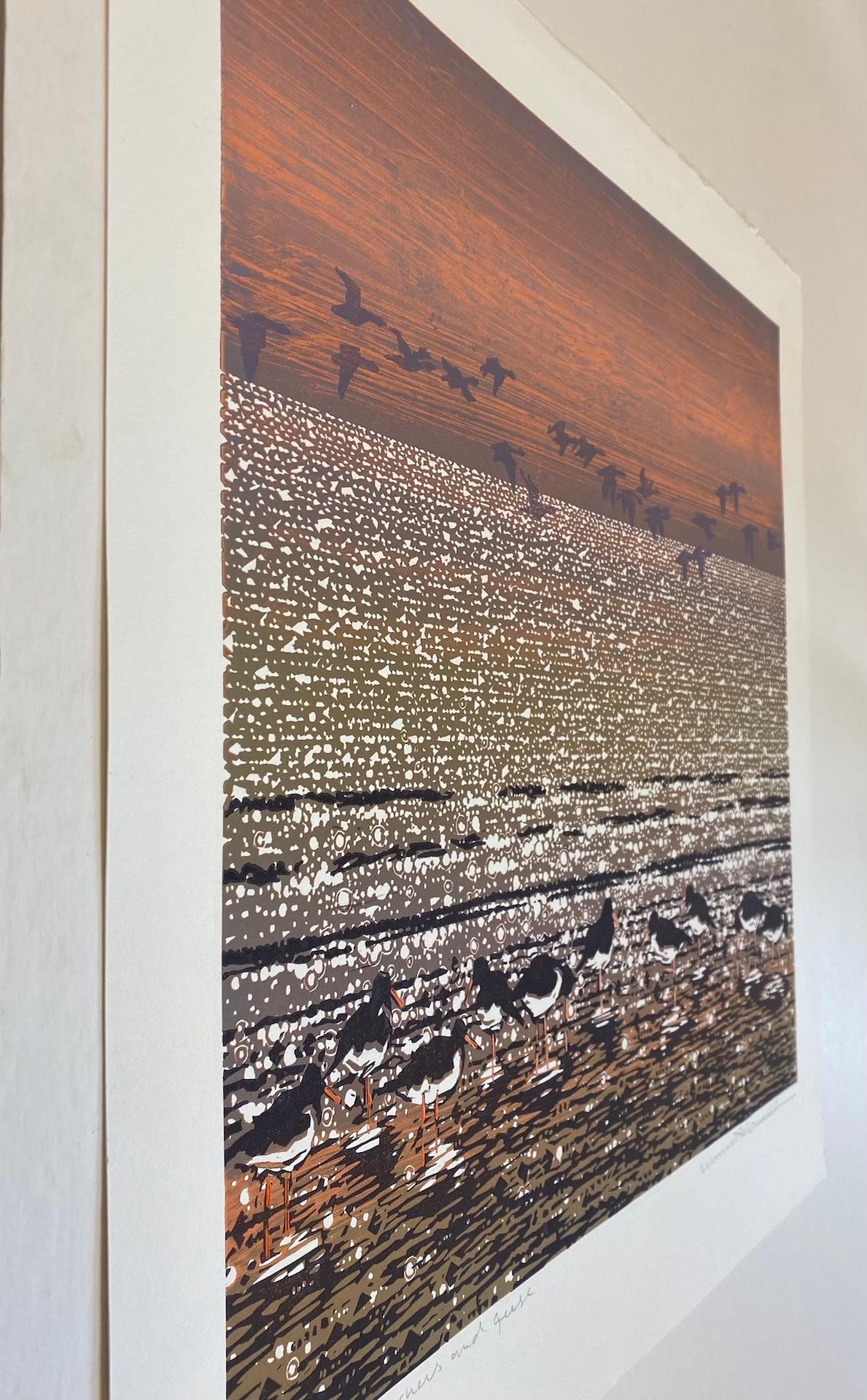 Acchiappa ostriche con oche, Stampa in edizione limitata, Arte del paesaggio marino, Arte a prezzi accessibili in vendita 1