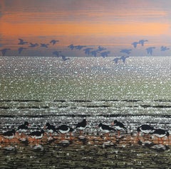 Acchiappa ostriche con oche, Stampa in edizione limitata, Arte del paesaggio marino, Arte a prezzi accessibili